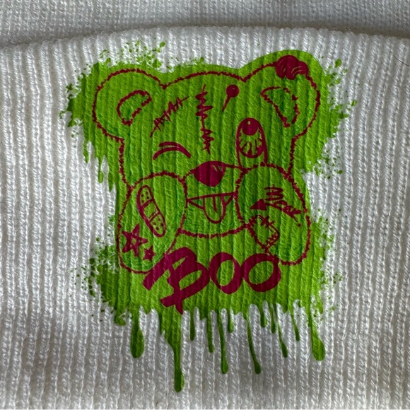 Upcycled, Neon Boo Bear, Knitted Ivory Beanie, Unisex - Picture 4 of 10